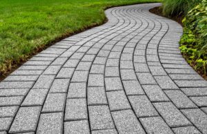 Hardscape brick pavers in curving path